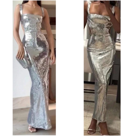 Luxe Silver Sequin Fitted Backless Party Evening Wedding Dress